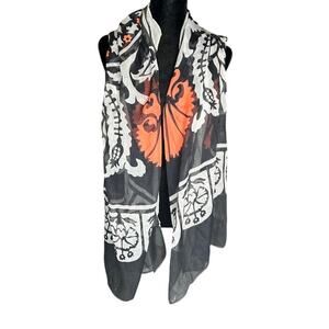Mianru black, white and orange scarf 34.5x71 100% Cashmere feel